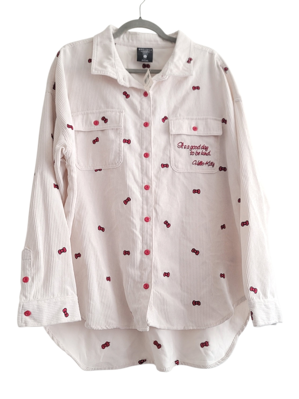 NWT Boxlunch XL Hello Kitty Bow AOP Shacket Corduroy Off-White Button Up‎ Shirt